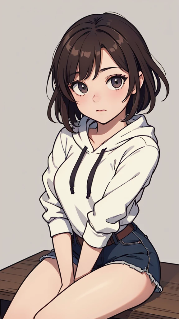 (((masterpiece, best quality, ultra highres, 1 girl, solo, no background))), super detailed skin and face and eyes and finger, beautiful japanese woman, small breasts:1.5, skinny, light brown hair, white background, very short pixie hair, (an illustration of girl), Knee shot, Generate with illustrations, Various expressions, Various poses, Please draw the entire character within the frame, ensuring that the head, arms, and legs are not cut off. The background should be simple, with the character positioned centrally, outline, anime, hoodie,