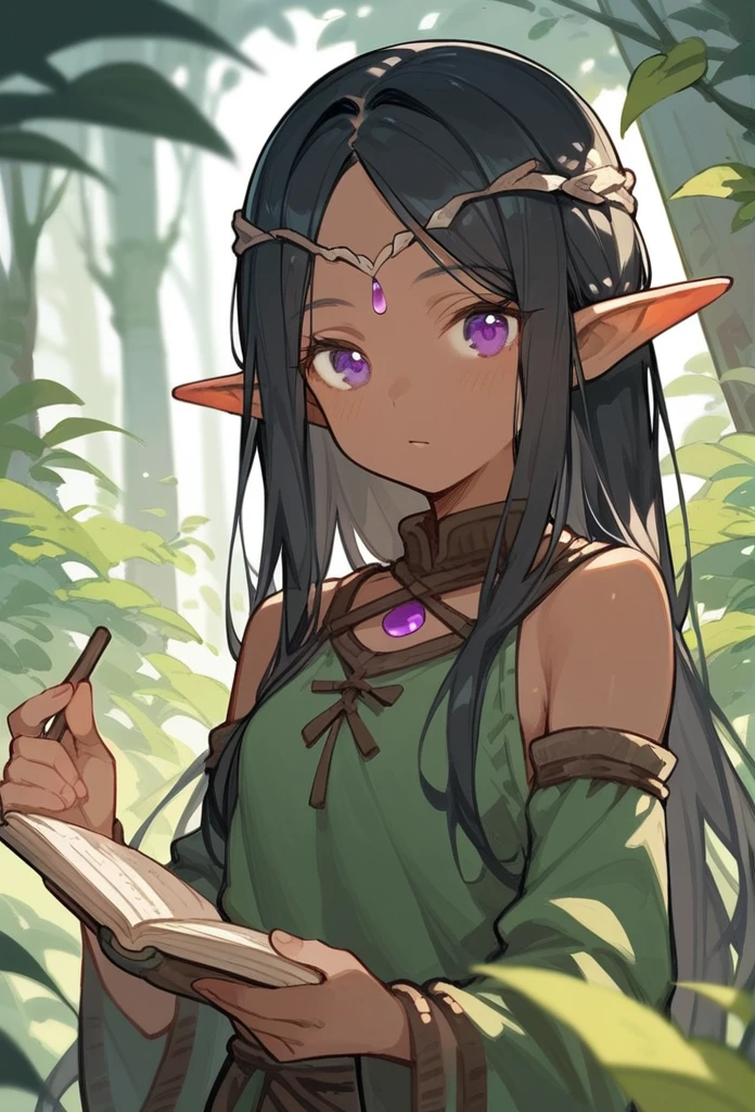 young woman, elf, druid, black hair, purple eyes, dark skin, cute
