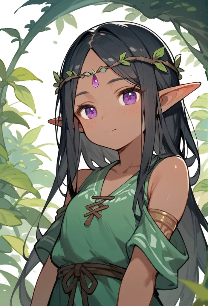 young woman, elf, druid, black hair, purple eyes, dark skin, cute