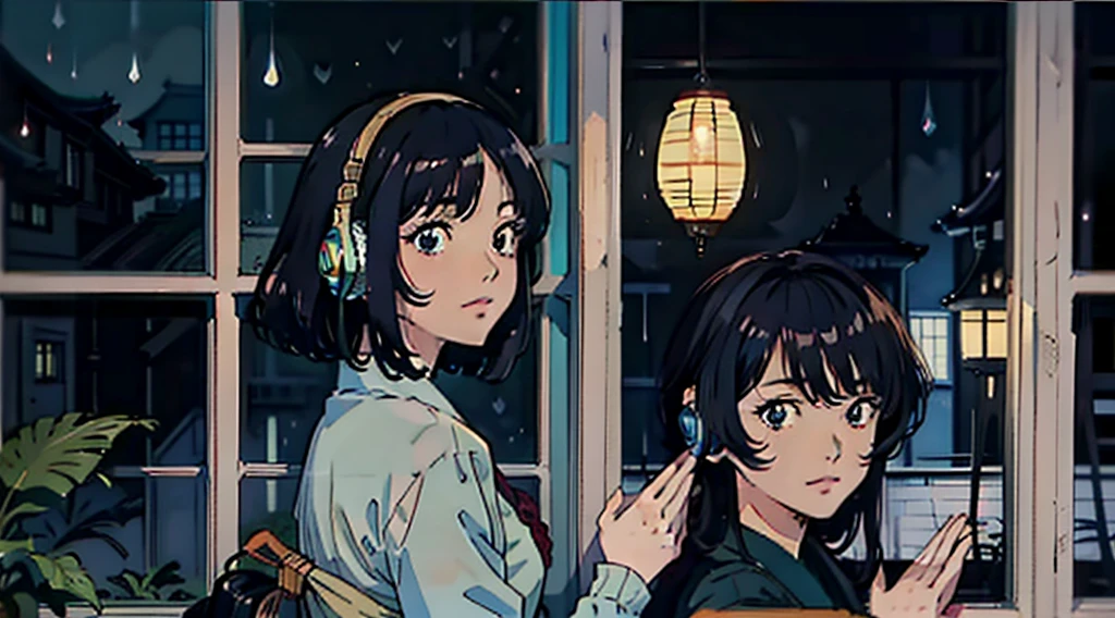 Illustration Style、Showa anime、ukiyo-e、((girl))、Tokyo、Soft Touch、((Modern))、winter、High resolution, samba, latina,Rainy night,Tokyo,Asia　Create a scene of a 25-year-old woman looking out the window, Listening to music on headphones, In a quiet and relaxing environment, Short black hair, View from behind, Gazing at the horizon, At night, and through the window you can see fireflies and a beautiful landscape full of stars At night, Characters with lots of detail on their faces, hands and hair,Illustration Style、Showa anime、ukiyo-e、((girl))、Tokyo、Soft Touch、((Modern))、winter、High resolution, samba, latina,Rainy night,Tokyo