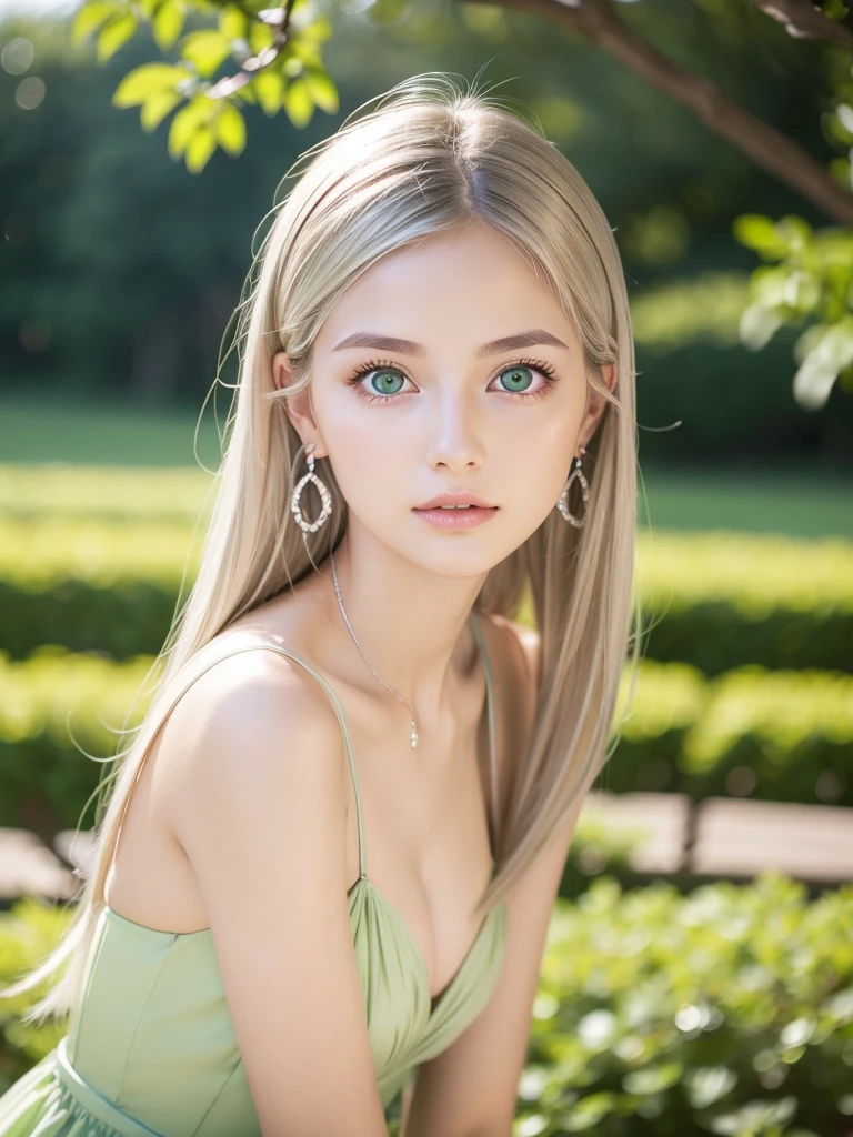Cute 18 year old woman、(((Adult charm)))、(((attractive light green eyes)))、Natural look、Attractive silver hair、Beautiful Eyes、(((Perfect beauty)))、Silky ash blonde、Slender body、Attractive breasts、smooth lips、Thin eyebrows、Straight hair、Attractive and beautiful dresses、Natural light、(((No makeup)))、Cute pose、Earrings、Blurred Background、Outdoor、(((Expression of complex beauty)))、50mm lens、Captured by a professional photographer、Portraiture、Pull the photo