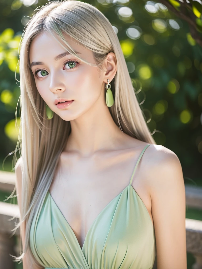 In the captivating portrait of the enchanting 18-year-old woman, you'll notice every detail of her flawless beauty: perfect porcelain skin, long golden locks, pink lip, wear ligh green dress and eyes that sparkle like blue ocean. Her elegant figure, illuminated by soft, ethereal light, draws attention to her delicate features and captivating presence. And at the same time, you'll notice a special charm - a small dimple on her chin, adding even more character to this captivating personality. Her gray-blue eyes, striking on a hot summer day, attract attention and enchant with their depth.