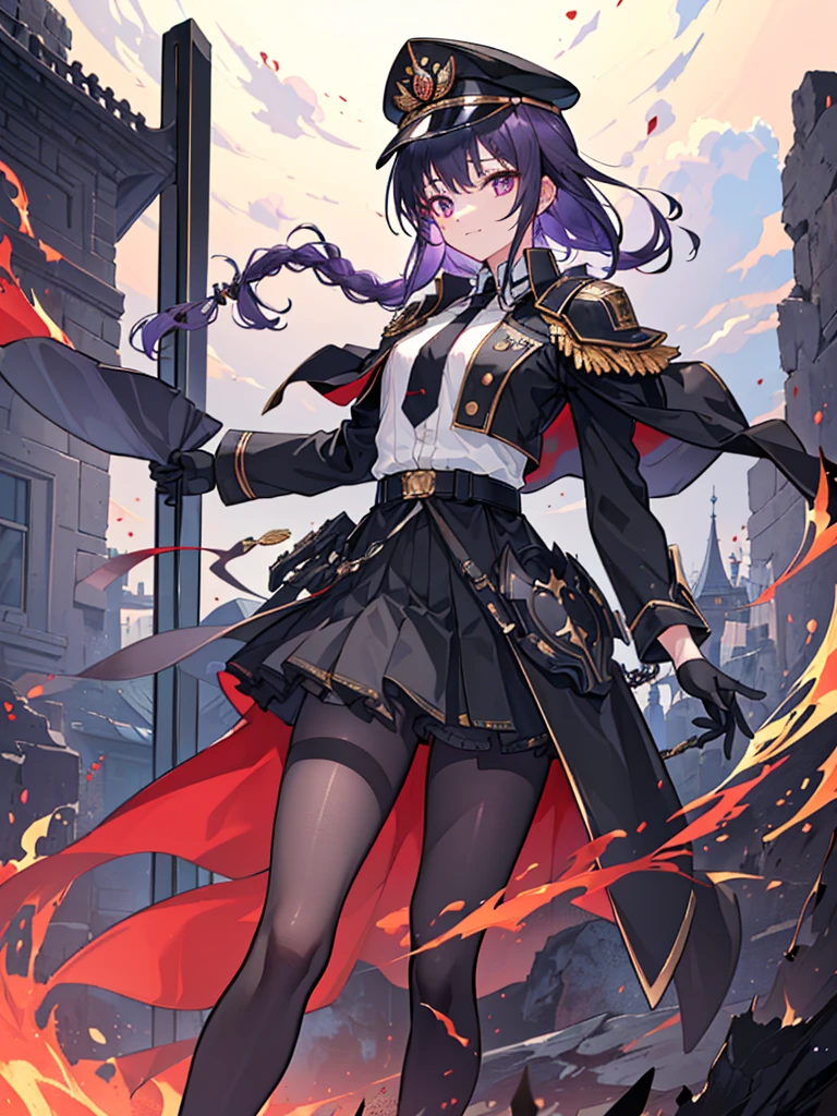 realisitic, City Deserted, Pile of rubble, Brick building, a one woman (18 years old, far away blackw hair, far away slits, Eyes red, glare eyes, 精致的面容, standing (In floor, feet shoulder-width apart), ta style military uniform (blackw base, Red Insert, golden decoration, volantes, wide sleeves, dainty and delicate detailing armors), blackw far away gloves (blackw, Red Insert, golden decoration, small hands, armors), blackw far away gloves, knee high boots (blackw, high-heels, red soles), ha (blackw, aba dourada, shield emblem, delicate details), arms in front, Front of belly, Holding military swords with both hands (blackw, golden decoration, delicate detail, Handle at the top, Ground-facing blade, in front of the body, far away), night sky (blackw, stele, Increased flames and smoke), Pale painting style, One Girl, super high quality, Super Detail, Super Detailed image, long hair, looking at viewer, skirt, shirt, hair ornament, violet eyes, gloves, round glasses, long sleeves, hat, closed mouth, jacket, violet hair, braid, open clothes, necktie, black gloves, black skirt, uniform, single braid, open jacket, black jacket, black headwear, 手链, peaked cap, black necktie, cropped jacket, military hat, pantyhose, Flat Chest, smile, Black Cape