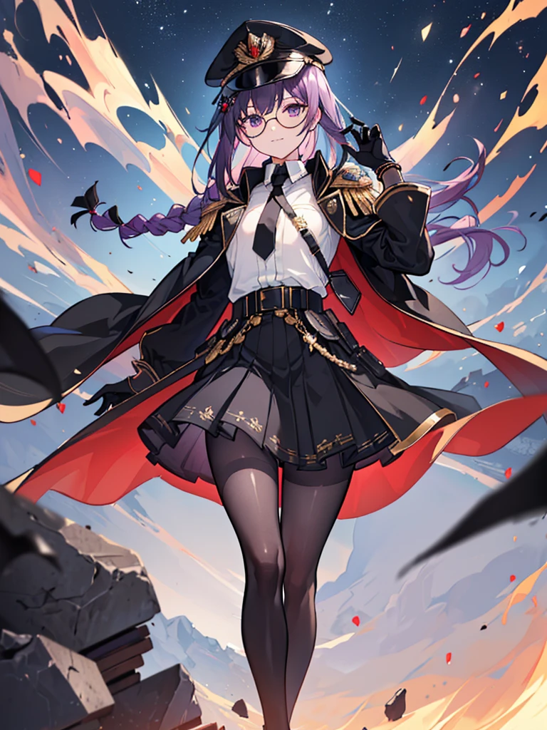 realisitic, City Deserted, Pile of rubble, Brick building, a one woman (18 years old, far away blackw hair, far away slits, Eyes red, glare eyes, 精致的面容, standing (In floor, feet shoulder-width apart), Lolita style military uniform (blackw base, Red Insert, golden decoration, volantes, wide sleeves, dainty and delicate detailing armors), blackw far away gloves (blackw, Red Insert, golden decoration, small hands, armors), blackw far away gloves, knee high boots (blackw, high-heels, red soles), ha (blackw, aba dourada, shield emblem, delicate details), arms in front, Front of belly, Holding military swords with both hands (blackw, golden decoration, delicate detail, Handle at the top, Ground-facing blade, in front of the body, far away), night sky (blackw, stele, Increased flames and smoke), Pale painting style, One Girl, super high quality, Super Detail, Super Detailed image, long hair, looking at viewer, skirt, shirt, hair ornament, violet eyes, gloves, round glasses, long sleeves, hat, closed mouth, jacket, violet hair, braid, open clothes, necktie, black gloves, black skirt, uniform, single braid, open jacket, black jacket, black headwear, 手链, peaked cap, black necktie, cropped jacket, military hat, pantyhose, Flat Chest, smile, Black Cape