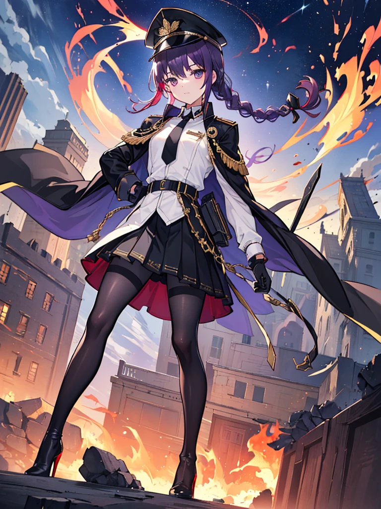 realisitic, City Deserted, Pile of rubble, Brick building, a one woman (18 years old, far away blackw hair, far away slits, Eyes red, glare eyes, 精致的面容, standing (In floor, feet shoulder-width apart), ta style military uniform (blackw base, Red Insert, golden decoration, volantes, wide sleeves, dainty and delicate detailing armors), blackw far away gloves (blackw, Red Insert, golden decoration, small hands, armors), blackw far away gloves, knee high boots (blackw, high-heels, red soles), ha (blackw, aba dourada, shield emblem, delicate details), arms in front, Front of belly, Holding military swords with both hands (blackw, golden decoration, delicate detail, Handle at the top, Ground-facing blade, in front of the body, far away), night sky (blackw, stele, Increased flames and smoke), Pale painting style, One Girl, super high quality, Super Detail, Super Detailed image, long hair, looking at viewer, skirt, shirt, hair ornament, violet eyes, gloves, round glasses, long sleeves, hat, closed mouth, jacket, violet hair, braid, open clothes, necktie, black gloves, black skirt, uniform, single braid, open jacket, black jacket, black headwear, 手链, peaked cap, black necktie, cropped jacket, military hat, pantyhose, Flat Chest, smile, Black Cape