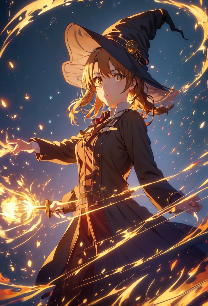 Irohaisshiki, isshiki iroha, short hair, Brown Hair, (Brown eyes:1.5), smile,((Night Sky)),火のwitch,Fluffy hair,((Idol style costume with soft volume)),Long skirt,((gorgeous wizard hat)),((witch)),(magic wand with a jewel on the tip),Explosive flame,
break outdoors, forest,forest
break looking at viewer,Upper Body,
break (masterpiece:1.2), Highest quality, High resolution, unity 8k wallpaper, (shape:0.8), (Narrow and beautiful eyes:1.6), Highly detailed face, Perfect lighting, Highly detailed CG, (Perfect hands, Perfect Anatomy),