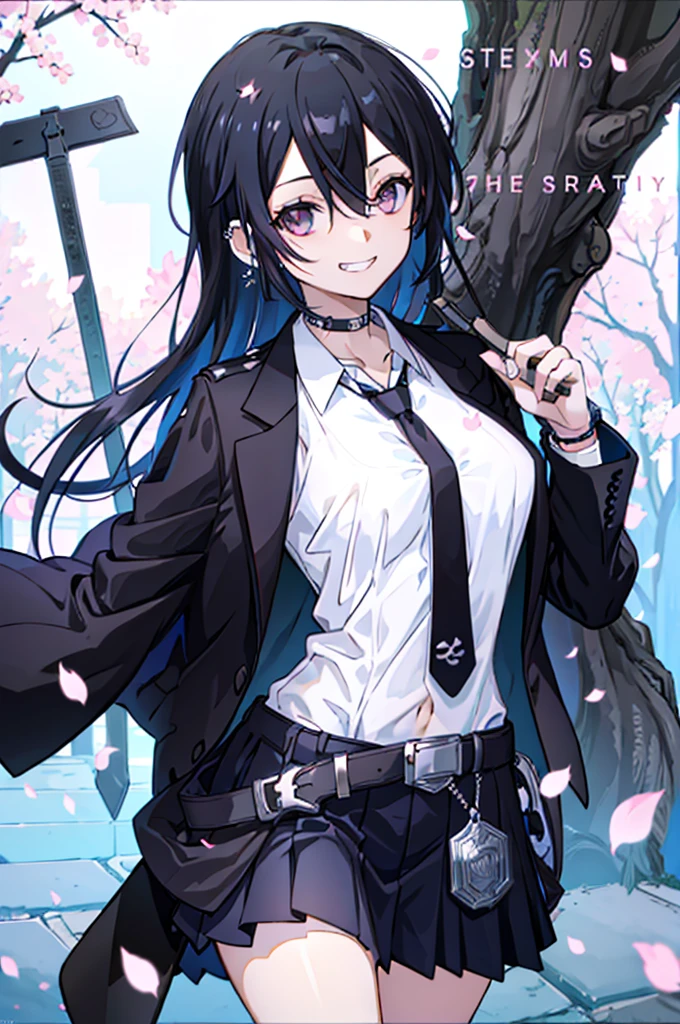masterpiece, best quality, full body,
1girl, bangs, black choker, black necktie, black hair, blue skirt, blush, bracelet, breasts, choker, clothes around waist, collarbone, collared shirt, cowboy shot, dress shirt, ear piercing, eyebrows visible through hair, gradient hair, grin, gyaru, jewelry, kogal, long hair, looking at viewer, loose necktie, necktie, piercing, plaid, plaid skirt, pleated skirt, red eyes, ring, school uniform, shirt, skirt, smile, solo, white shirt,
street, sky, cherry blossoms, petals,illustration, (magazine:1.3), (cover-style:1.3), fashionable, woman, vibrant, outfit, posing, front, colorful, dynamic, background, elements, confident, expression, holding, statement, accessory, majestic, coiled, around, Touch, scene, Text, cover, bold, attention-grabbing, title, stylish, Font, catchy, headline, larger, striking, modern, trendy, focus, fashion,Female Kirito、Long hair、stocking
