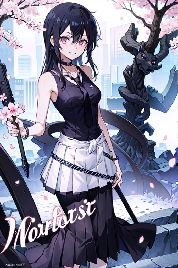 masterpiece, best quality, full body,
1girl, bangs, black choker, black necktie, black hair, blue skirt, blush, bracelet, breasts, choker, clothes around waist, collarbone, collared shirt, cowboy shot, dress shirt, ear piercing, eyebrows visible through hair, gradient hair, grin, gyaru, jewelry, kogal, long hair, looking at viewer, loose necktie, necktie, piercing, plaid, plaid skirt, pleated skirt, red eyes, ring, school uniform, shirt, skirt, smile, solo, white shirt,
street, sky, cherry blossoms, petals,illustration, (magazine:1.3), (cover-style:1.3), fashionable, woman, vibrant, outfit, posing, front, colorful, dynamic, background, elements, confident, expression, holding, statement, accessory, majestic, coiled, around, Touch, scene, Text, cover, bold, attention-grabbing, title, stylish, Font, catchy, headline, larger, striking, modern, trendy, focus, fashion,Female Kirito、Long hair、stocking