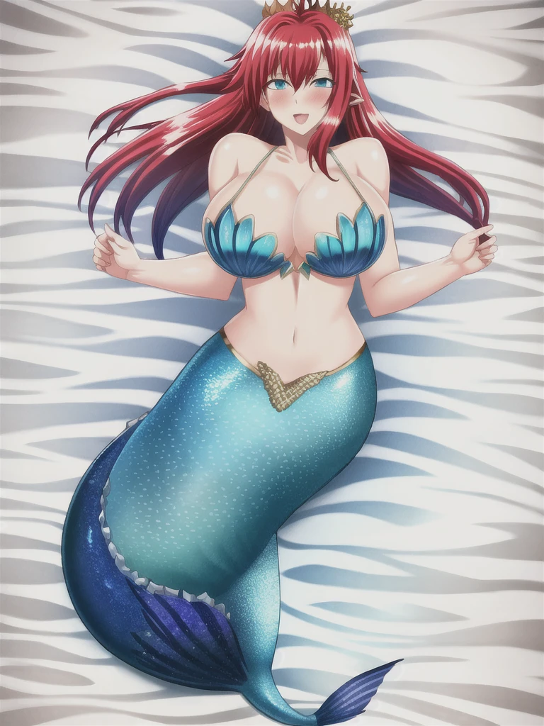 Mermaid, mermaid tail below waistline, underwaters, pearl crown, red hair, long hair, blue eyes, bra, large breasts, cleavage, happy, blush, full body,