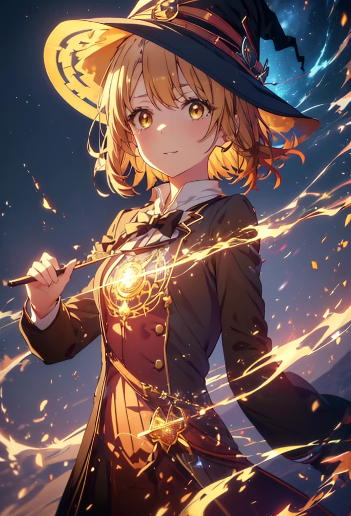 Irohaisshiki, isshiki iroha, short hair, Brown Hair, (Brown eyes:1.5), smile,((Night Sky)),火のwitch,Fluffy hair,((Idol style costume with soft volume)),Long skirt,((gorgeous wizard hat)),((witch)),(magic wand with a jewel on the tip),Explosive flame,
break outdoors, forest,forest
break looking at viewer,Upper Body,
break (masterpiece:1.2), Highest quality, High resolution, unity 8k wallpaper, (shape:0.8), (Narrow and beautiful eyes:1.6), Highly detailed face, Perfect lighting, Highly detailed CG, (Perfect hands, Perfect Anatomy),