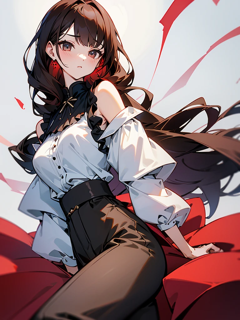 Slender beautiful girl、 Generation、sleeveless Black blouse、Office、OL、off shoulder、White LINE Design、pants style、red brown heir、High west