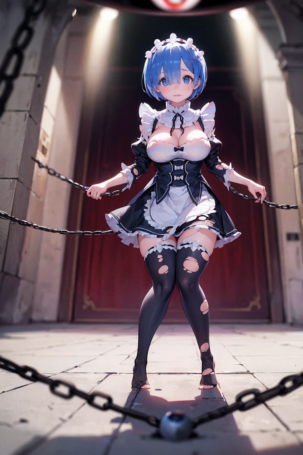 Rem the giant girl sitting on top of a building、Plump、Show your pants、Fighting Pose、Weapons Morningstar、((Underground Prison))、((The floor beneath my feet is crumbling))、((((Rem in chains)))),(((((Fisheye Lens)))))、((((Super huge breasts))))、(((Plump thighs)))、(((Rem from Re:Zero)))、looking at the camera、High qualityHigh quality、8ｋ、(((((Full body description)))))、Chest、Fantastic、(((((Torn maid uniform)))))、looking at the cameraで、barefoot、((((((Tall Rem))))))、Sweat splashes、Clothes are ripped off,(Torn knee-high socks)、