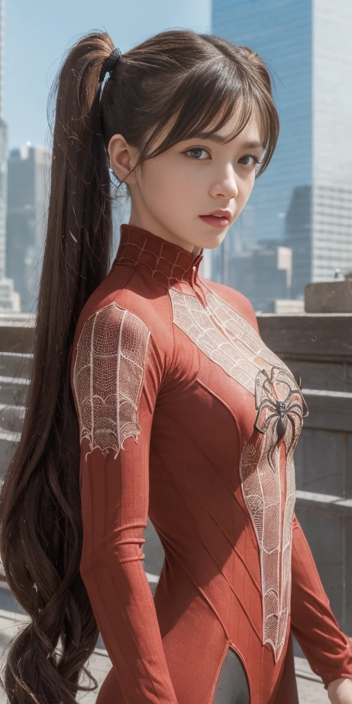 (masterpiece, best quality), intricate details, 8k, artstation, wallpaper, official art, splash art, sharp focus,, 1girl, long hair, twin tails, red eyes, brown hair, , spider suit, spider web printing, spider web, , skyscrapers, city, buildings, cars, street,