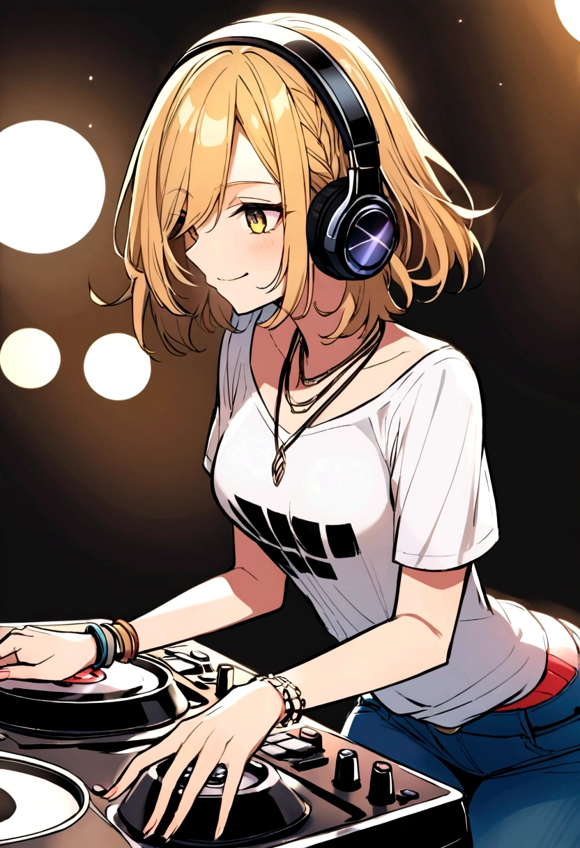 gender: Female Age: 18~25 year old clothes: Dressed like a DJ (T-Shirts、jeans、Caps etc.)
Hairstyle: Free hair color: Free eye color: Free skin color: Freedom Accessories: necklace、Earrings、bracelets, etc. (option)
headphone: プロ仕様のheadphone
持ち物: DJ Mixer、Turntable (option)
Pause: Expression of concentrating on music: Serious expression、smile、またはcoolな表情
背景: club、live house、Studio lighting etc.: Dim lighting、Spotlights and ambiance: Energetic、cool、stylish
