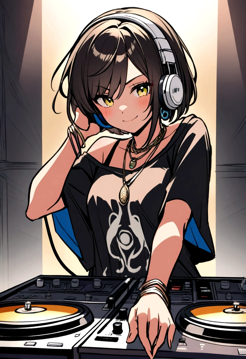 gender: Female Age: 18~25 old clothes: Dressed like a DJ (T-Shirts、jeans、Caps etc.)
Hairstyle: Free hair color: Free eye color: Free skin color: Freedom Accessories: necklace、Earrings、bracelets, etc. (option)
headphone: プロ仕様のheadphone
持ち物: DJ Mixer、Turntable (option)
Pause: Expression of concentrating on music: Serious expression、smile、またはcoolな表情
背景: club、live house、Studio lighting etc.: Dim lighting、Spotlights and ambiance: Energetic、cool、stylish