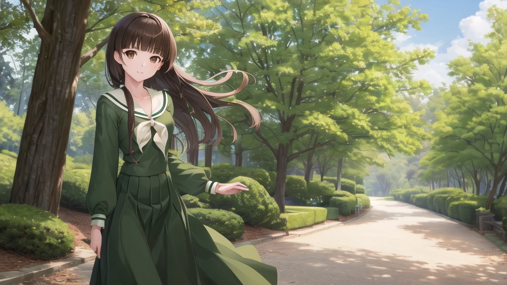 masterpiece, Highest quality, High resolution, aayoshino, , Long Hair, Twin Blade, Brown eyes, Hair that falls over the shoulders, , Sailor collar, neckerchief, Green Shirt, One piece sailor shirt, Long sleeve, Green Skirt, Long skirt, Are standing, Cowboy Shot, Outdoor,