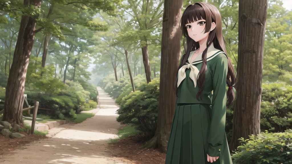 masterpiece, Highest quality, High resolution, aayoshino, , Long Hair, Twin Blade, Brown eyes, Hair that falls over the shoulders, , Sailor collar, neckerchief, Green Shirt, One piece sailor shirt, Long sleeve, Green Skirt, Long skirt, Are standing, Cowboy Shot, Outdoor,