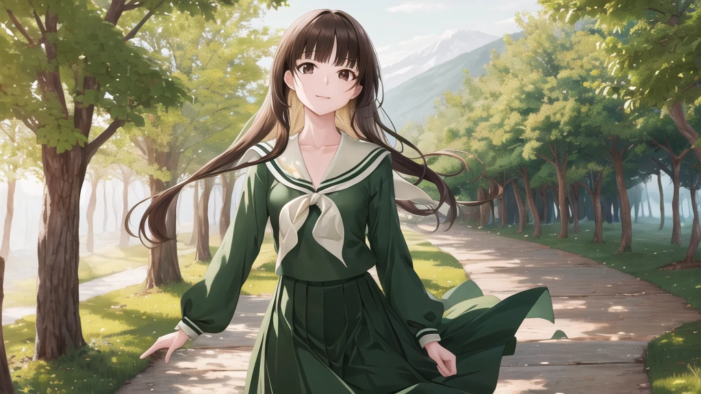 masterpiece, Highest quality, High resolution, aayoshino, , Long Hair, Twin Blade, Brown eyes, Hair that falls over the shoulders, , Sailor collar, neckerchief, Green Shirt, One piece sailor shirt, Long sleeve, Green Skirt, Long skirt, Are standing, Cowboy Shot, Outdoor,