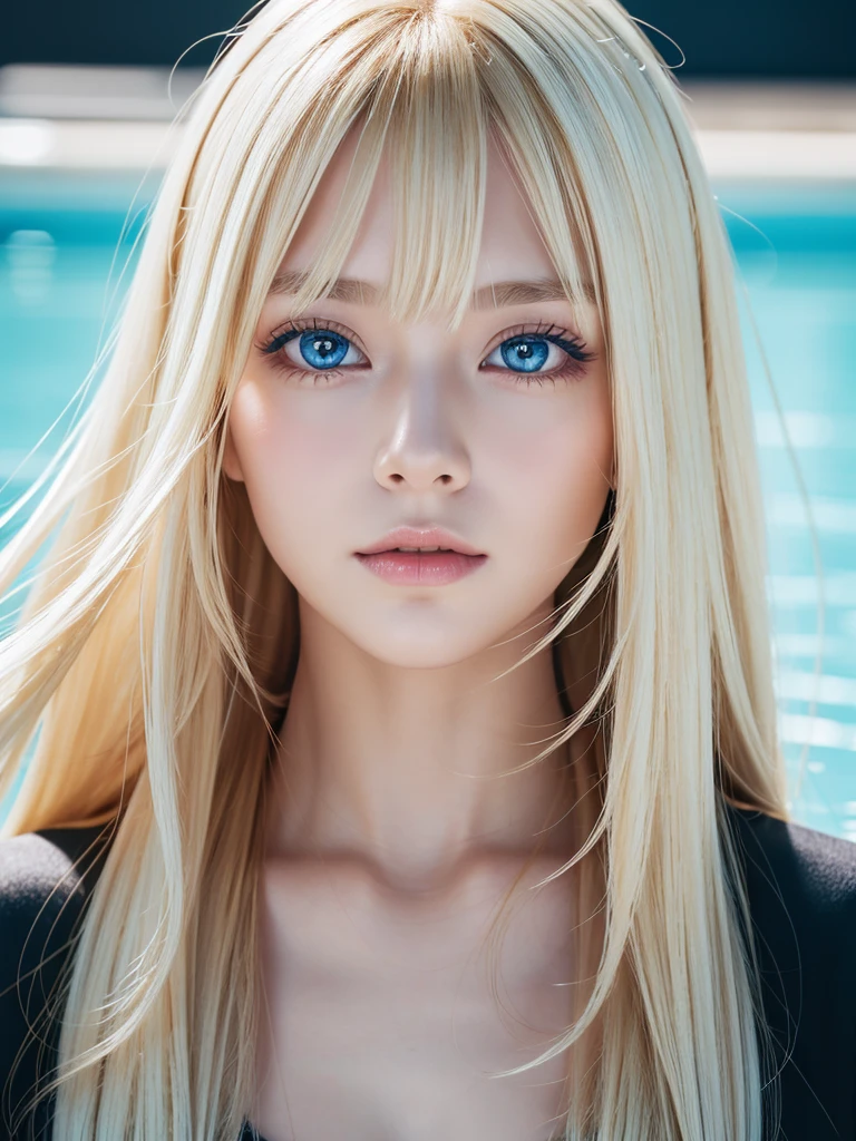 Beautiful Scandinavian girl with bright beautiful shiny blonde hair、A uniquely beautiful girl、Very beautiful super long straight silky hair、Bangs between the eyes、Blonde hair above the eyes、片Blonde hair above the eyes、Such beautiful, big, bright blue eyes、Very big eyes、Small Face Beauty、Cheek highlight、Very white and beautiful glowing skin、Pieces fly, Highest quality, figure, Very detailed, Fine details, High resolution, 8K デンデ wallpaper, Perfect dynamic composition, Beautiful fine details , Pool, Sexy Face、Black background、Close-up of face