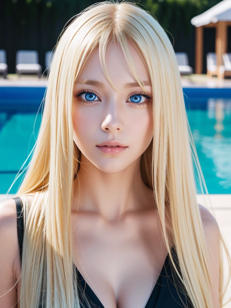 Beautiful Scandinavian girl with bright beautiful shiny blonde hair、A uniquely beautiful girl、Very beautiful super long straight silky hair、Bangs between the eyes、Blonde hair above the eyes、片Blonde hair above the eyes、Such beautiful, big, bright blue eyes、Very big eyes、Small Face Beauty、Cheek highlight、Very white and beautiful glowing skin、Pieces fly, Highest quality, figure, Very detailed, Fine details, High resolution, 8K デンデ wallpaper, Perfect dynamic composition, Beautiful fine details , Pool, Sexy Face、Black background、Close-up of face