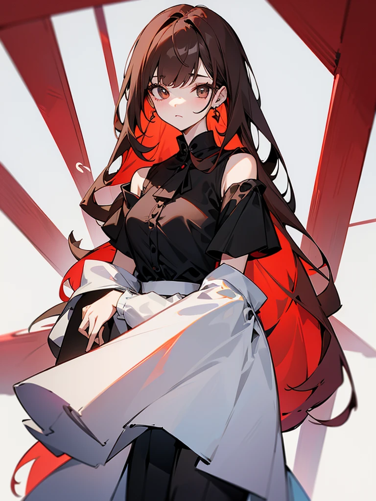 Slender beautiful girl、 Generation、sleeveless Black blouse、Office、OL、off shoulder、White LINE Design、pants style、red brown heir