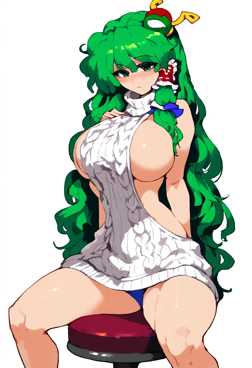 Expressive, score_9, score_8_up, score_9_up, Touhou, masterpiece, high quality, highly detailed, 1girl, kochiya sanae, solo, green hair, long hair, green eyes, long hair, big breasts, blush, round breasts,,,,,, frog hair ornament, hair tubes, snake hair ornament,,,, thin waist, sit on stool, white background,, virgin killer sweater,