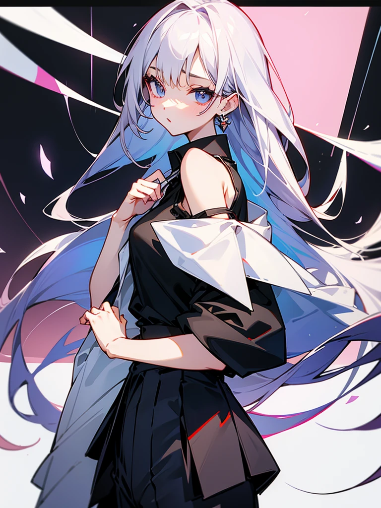 Slender beautiful girl、 Generation、sleeveless Black blouse、Office、off shoulder、White LINE Design、pants style、