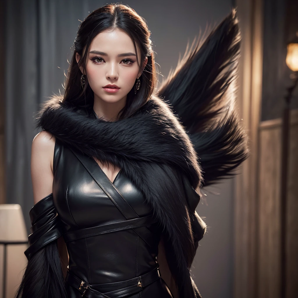 beautiful girl, wearing a black leather dress and draped fine fur shawl, she looks elegant and antagonistic with sharp eyes, it seems she is a fashionable person, (best quality,4k,8k,highres,masterpiece:1.2),very detailed, (realistic ,photorealistic,photo-realistic:1.37)