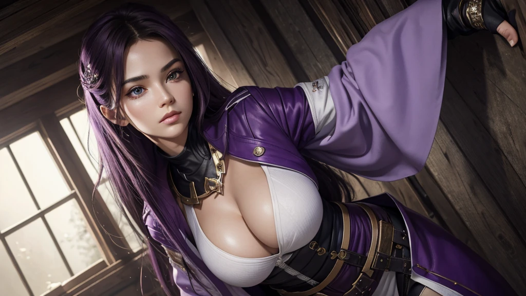 (8k, best quality, masterpiece: 1.2), ultra-detail, Masterpiece, realistic lighting, masterpiece, best quality, masterpiece, official art, highly detailed 8k unity CG wallpaper, beautiful eye details, light on the face, girl, all over body, beautiful breasts, plugsuit, belt, jacket, gloves, bandages, women's robes, hair ornaments, bracelets, sharp eyes, purple and white mixed clothes