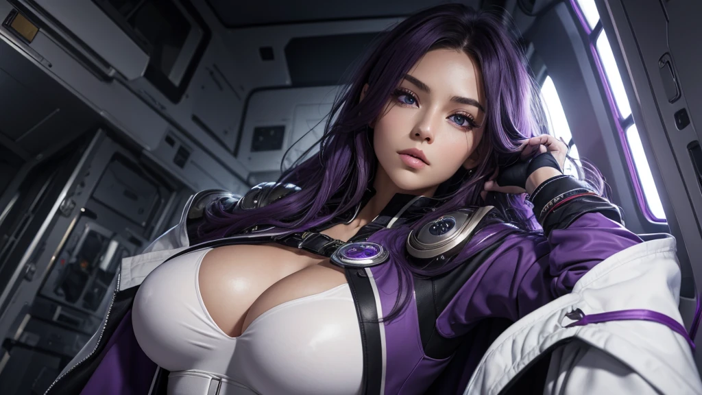 (8k, best quality, masterpiece: 1.2), ultra-detail, Masterpiece, realistic lighting, masterpiece, best quality, masterpiece, official art, highly detailed 8k unity CG wallpaper, beautiful eye details, light on the face, girl, all over body, beautiful breasts, plugsuit, belt, jacket, gloves, bandages, women's robes, hair ornaments, bracelets, sharp eyes, purple and white mixed clothes