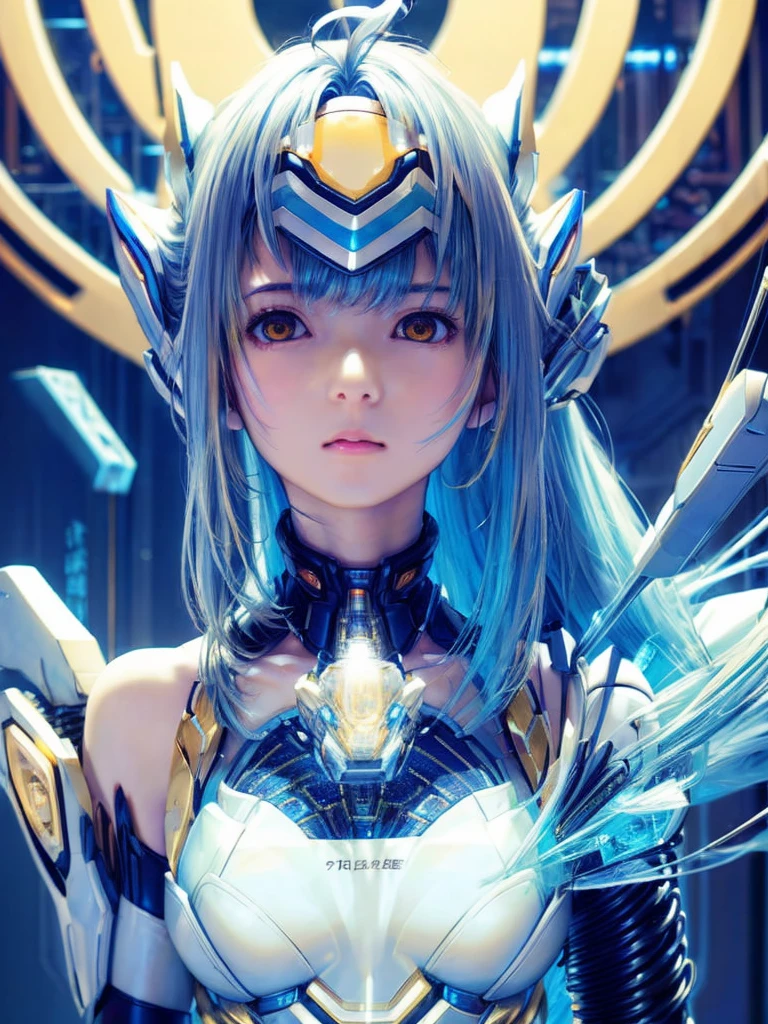 top-quality、​masterpiece、超A high resolution、(Photorealsitic:1.4)、女の子1人、Light blue hair、Straight hair, shiny and clean hair、White shiny skin、Sexy Cyberpunk Girl、((super realistic details))、Shadow、octan render、ultrasharp、hyperdetailed face、Fiberglass、Luminous tube、highly intricate detail、Realistic light、CGSoation Trends、((Golden Eyes))、(Facing the camera)、neon details、Mechanical limbs、Mechanical vertebrae attached to the back、mechanical cervical attaching to neck、Wires and cables connecting to the head、((valkyrie))、((Beam Cannon))、Combat stance