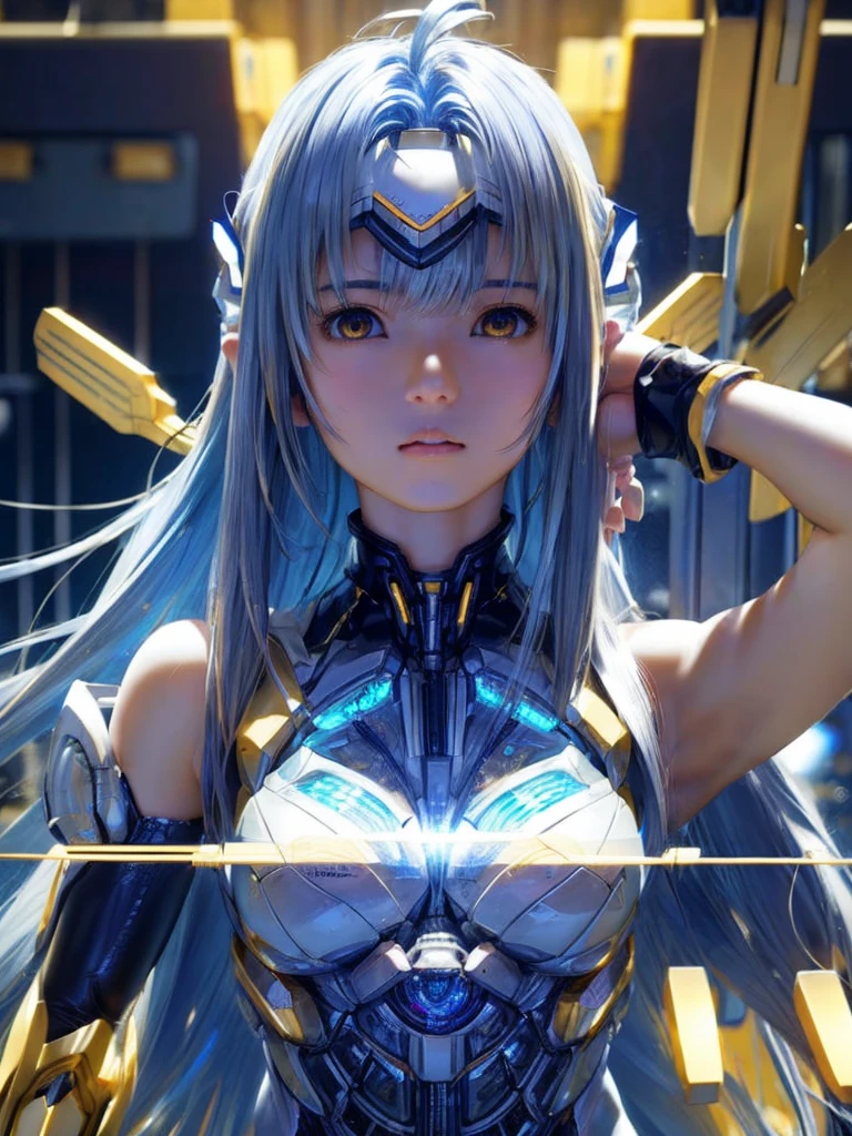 top-quality、​masterpiece、超A high resolution、(Photorealsitic:1.4)、女の子1人、Light blue hair、Straight hair, shiny and clean hair、White shiny skin、Sexy Cyberpunk Girl、((super realistic details))、Shadow、octan render、ultrasharp、hyperdetailed face、Fiberglass、Luminous tube、highly intricate detail、Realistic light、CGSoation Trends、((Golden Eyes))、(Facing the camera)、neon details、Mechanical limbs、Mechanical vertebrae attached to the back、mechanical cervical attaching to neck、Wires and cables connecting to the head、((valkyrie))、((Beam Cannon))、Combat stance