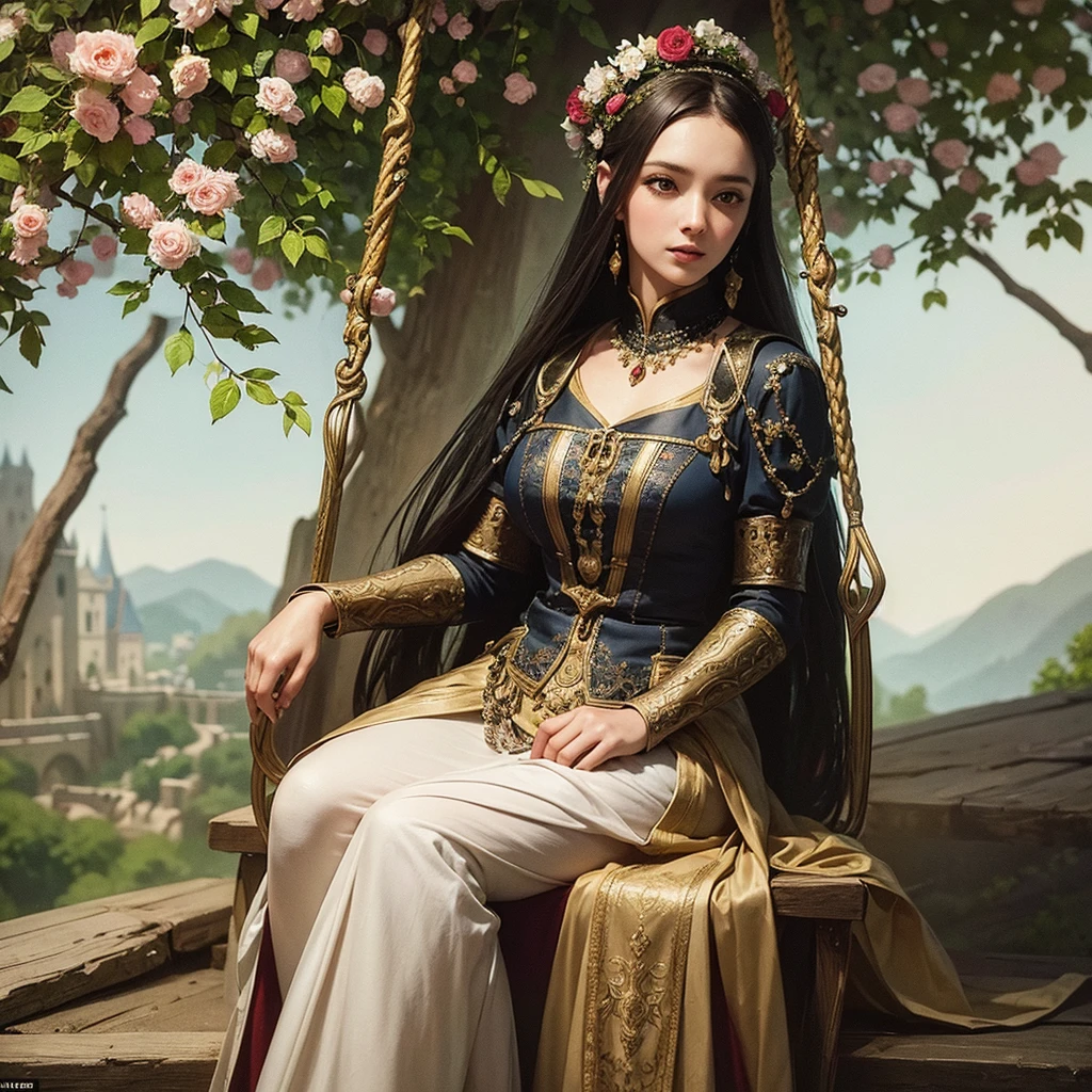 a highly detailed painting of a beautiful woman in medieval attire, she is sitting on a swing decorated with flowers, behind there are stone steps that lead to a tower, there is a cliff, The work has an old style but is rich in details, contrast and colors