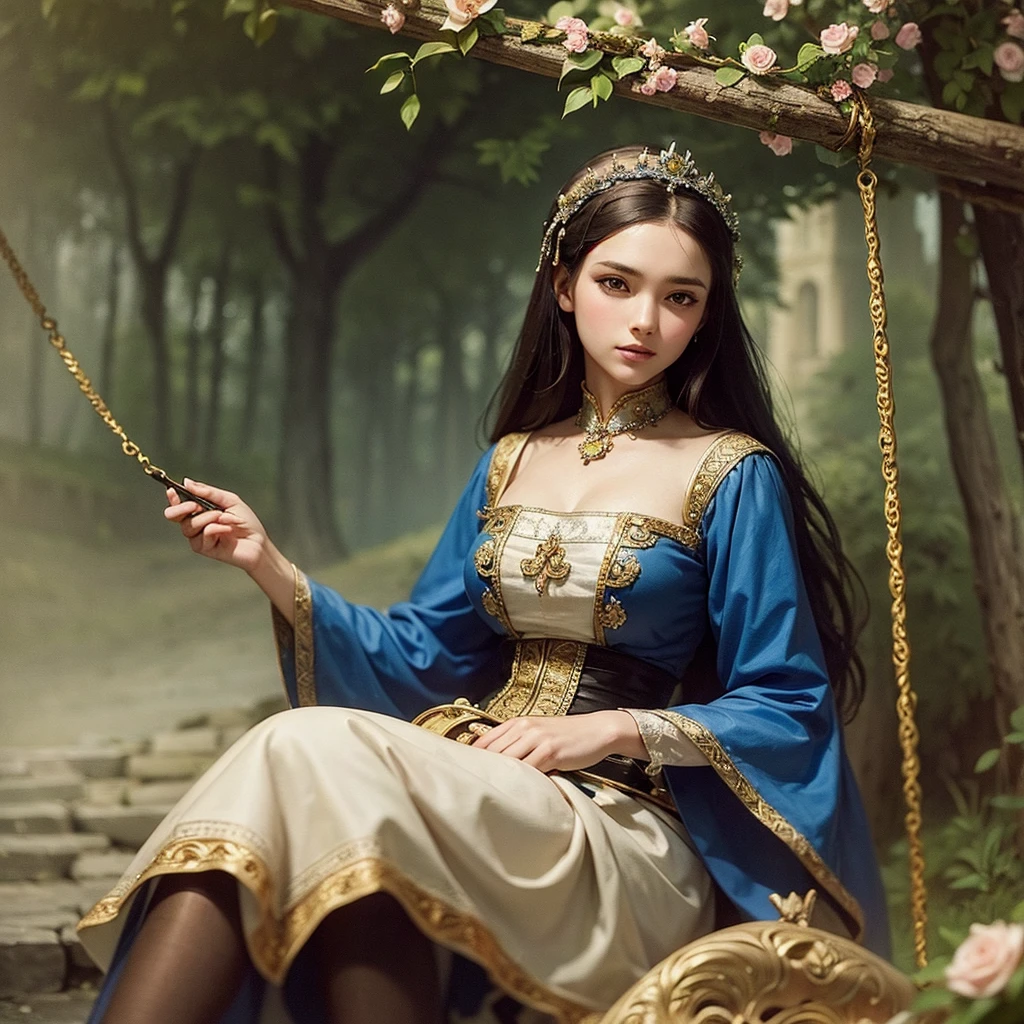 a highly detailed painting of a beautiful woman in medieval attire, she is sitting on a swing decorated with flowers, behind there are stone steps that lead to a tower, there is a cliff, The work has an old style but is rich in details, contrast and colors