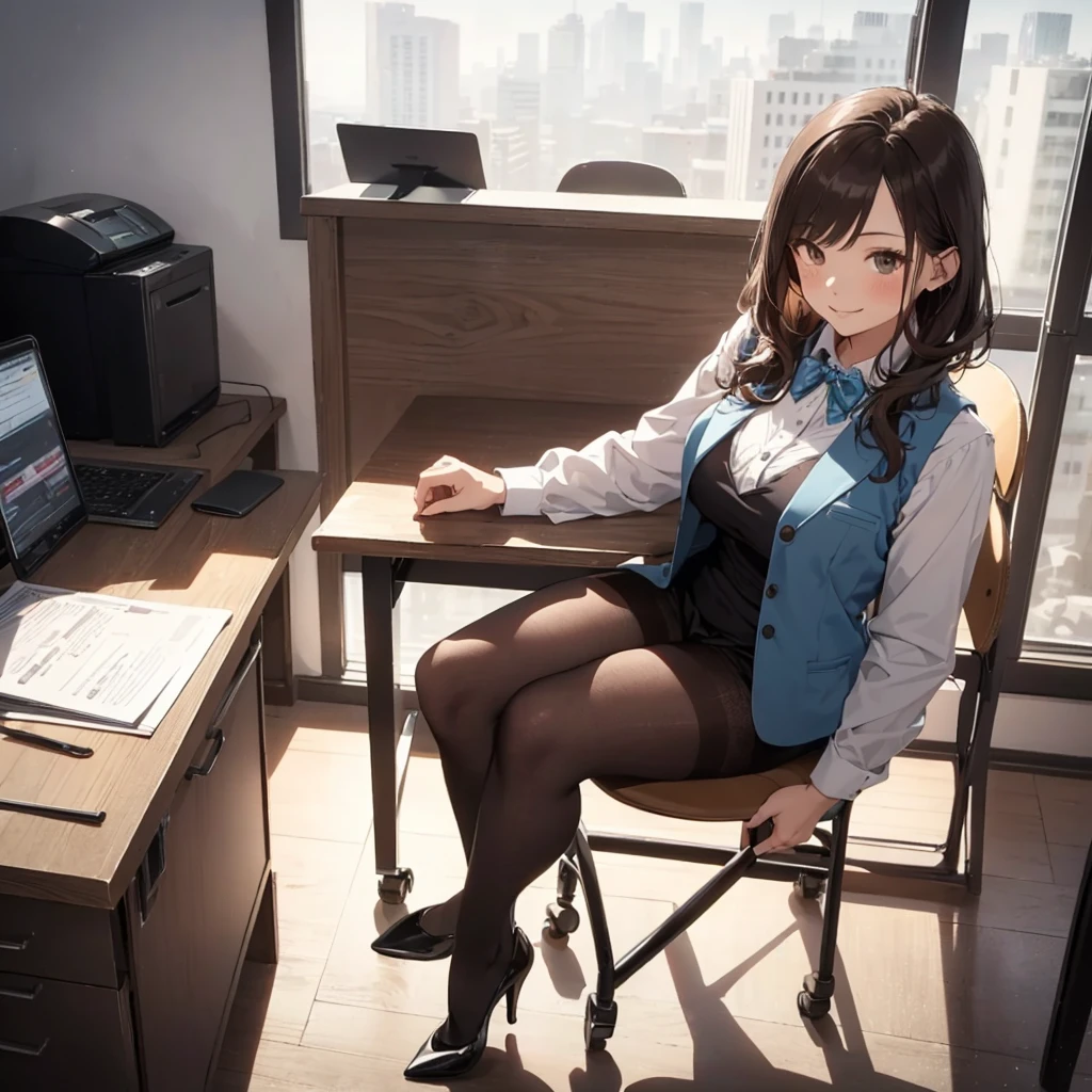 1lady solo, sitting, (from above), office worker, ((blue vest) over white dress shirt), mature female, /(dark brown hair/), kind smile, (masterpiece best quality:1.2) delicate illustration ultra-detailed, large breasts,  ((Brown pantyhose)),bowtie BREAK (modern office) indoors, (reception desk), entrance, detailed background