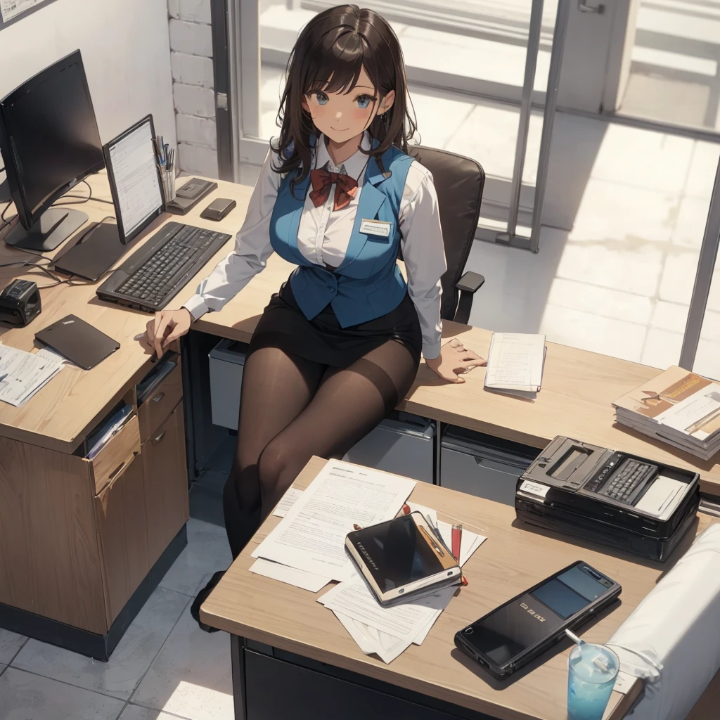 1lady solo, sitting, (from above), office worker, ((blue vest) over white dress shirt), mature female, /(dark brown hair/), kind smile, (masterpiece best quality:1.2) delicate illustration ultra-detailed, large breasts, ((Brown pantyhose)),bowtie BREAK (modern office) indoors, (reception desk), entrance, detailed background