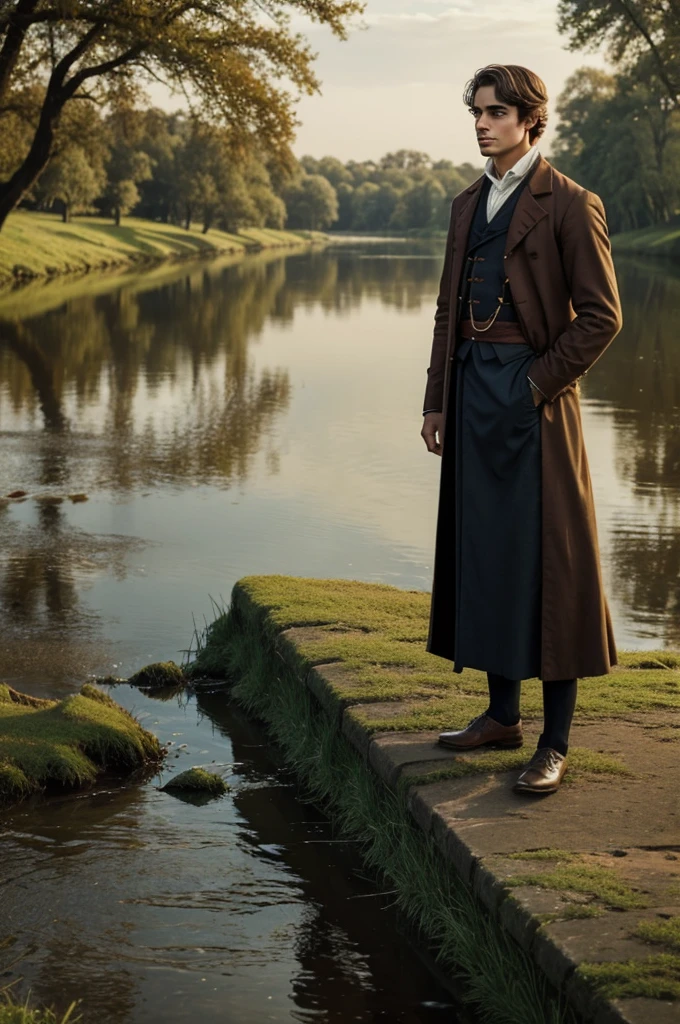 Main character: a young poet, dressed in period clothing, standing on the bank of a serene river. His expression is melancholic, with eyes looking to the horizon as if searching for something lost or unattainable.