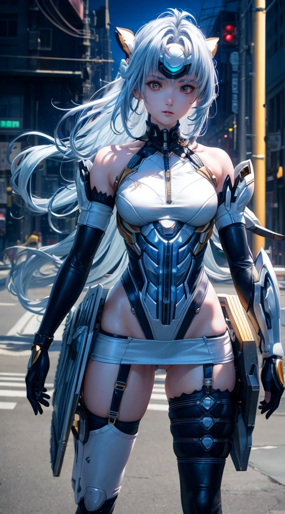 top-quality、masterpiece、超A high resolution、(Photorealsitic:1.4)、女の子1人、Light blue hair、Straight hair, shiny and clean hair、White shiny skin、Sexy Cyberpunk Girl、((super realistic details))、Shadow、octan render、ultrasharp、hyperdetailed face、Fiberglass、Luminous tube、highly intricate detail、Realistic light、CGSoation Trends、((Golden Eyes))、(Facing the camera)、neon details、Mechanical limbs、Mechanical vertebrae attached to the back、mechanical cervical attaching to neck、Wires and cables connecting to the head、((valkyrie))、((Beam Cannon))、Combat stance