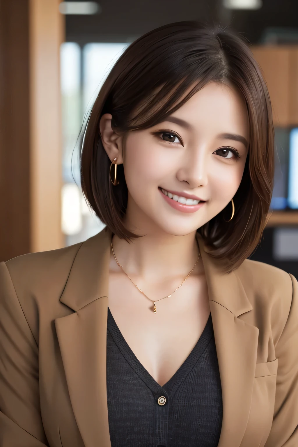 Beautiful young woman、 Brown Hair、Necklace around the neck、Office Lady Suits、Jacket、Unbuttoned shirt、smile、Beautiful teeth alignment、short hair、Intricate details, Very detailed:1.2), 、 Looking into the camera,The background is the office、Necklace around the neck、Dark eyeliner、ear piercing
