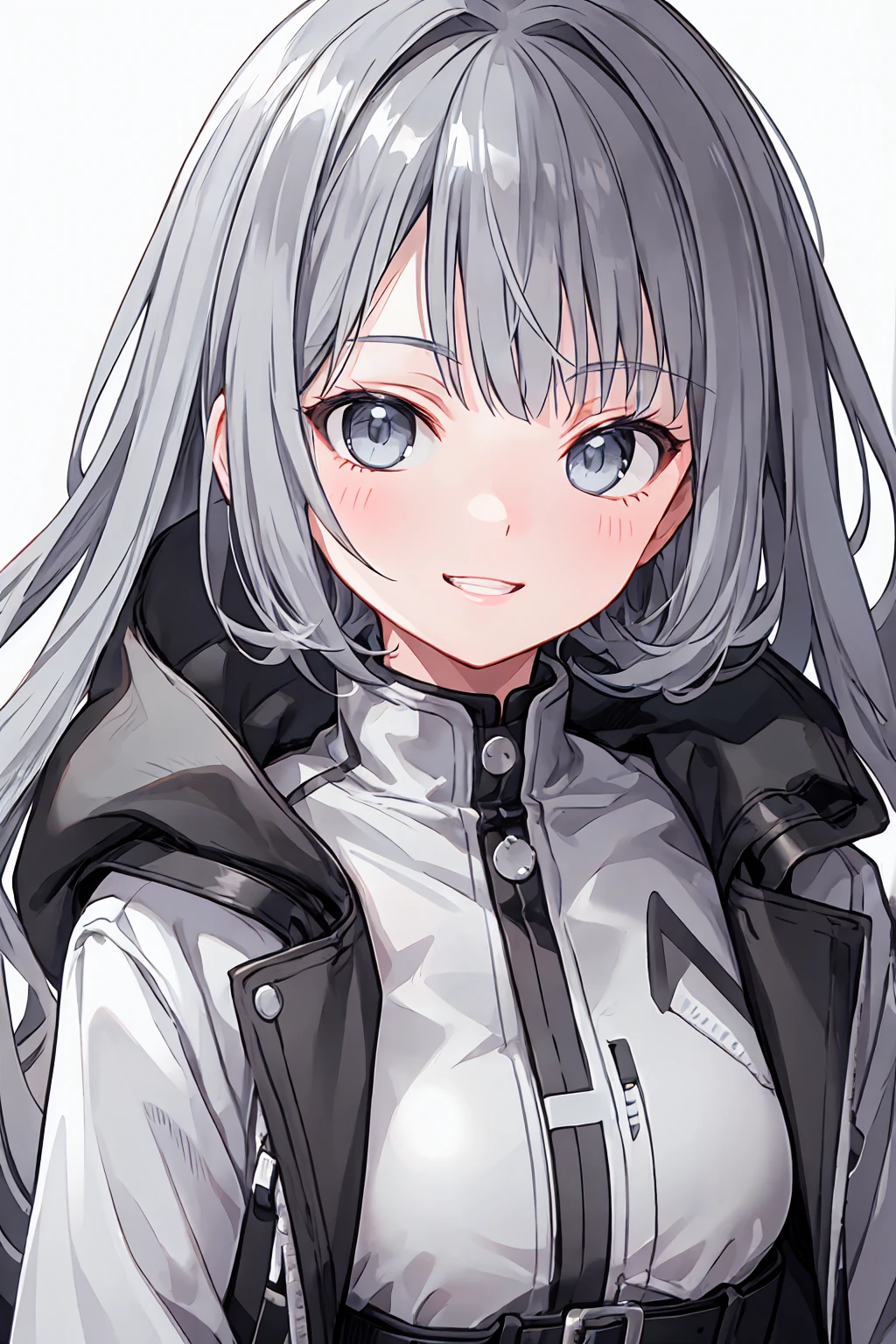 【Highest quality, Tabletop】 [girl, coat, Expressionless, blue eyes, positive, Black Hair, walking, Upper Body] (Gray white background:1.7), Smiling with teeth showing
