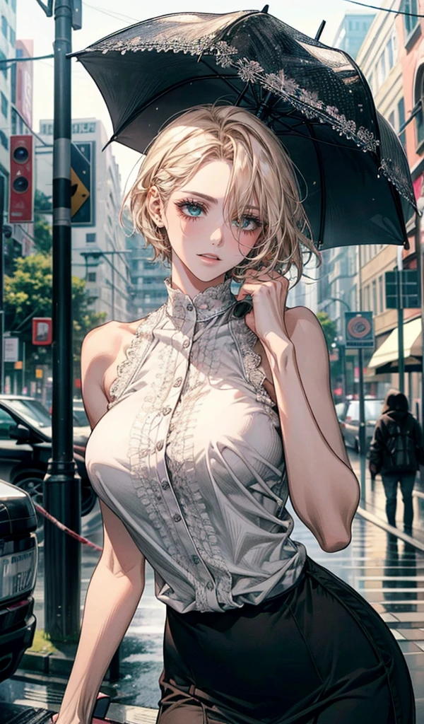 Please follow the all prompts below exactly and faithfully, This is a masterpiece of the most beautiful digital illustrations in the highest quality with maximum resolution, UHD, 512K, 2160p, 10 million ppi, 300 million dpi, natural tones, created with ultra-clear details, the highest realistic skin and hair texture, the most beautiful detailed eye features, a perfect anatomically correct human body, a beautiful background with depth, the rule of thirds, depth of field, and the best and most beautiful natural lighting, 1woman, sexy:1.5, beautiful face sharp, elegant woman, perfect body style, slender, beautiful big breasts, green eyes, blonde hair, hair over one eye, short hair, glossy very thick lips:0.7, pink lipstick:0.7, smile:1.5, Detailed description of a casual summer outfit for an adult woman, skirt with unique patterns, short sleeves or sleeveless, accessorized, rainy city street setting, 