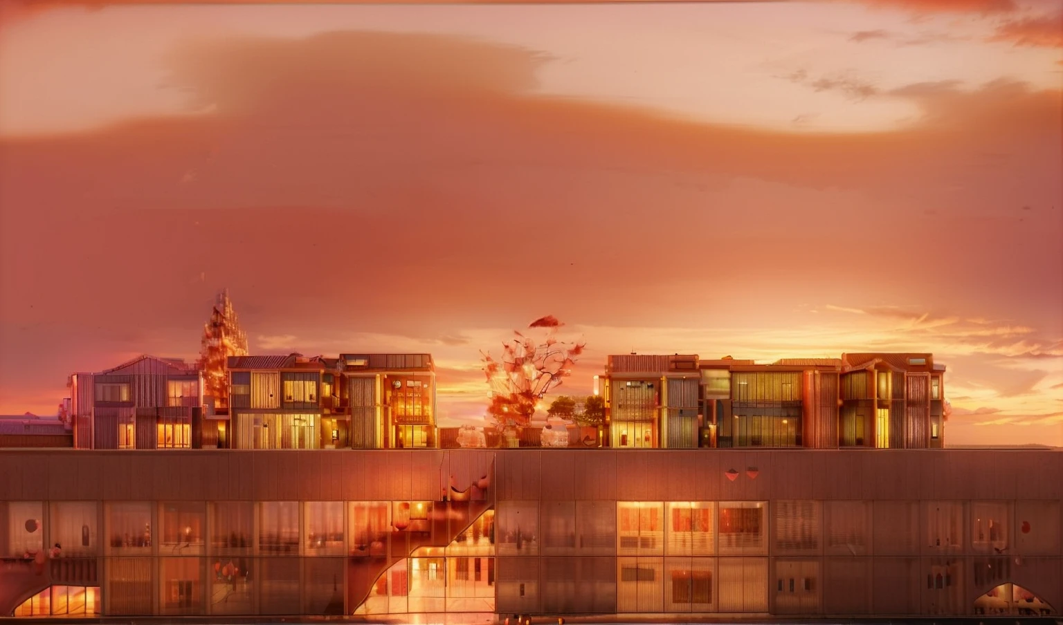 Building facades，Side View，Commercial Street，Prosperity，Sunset，Sunset