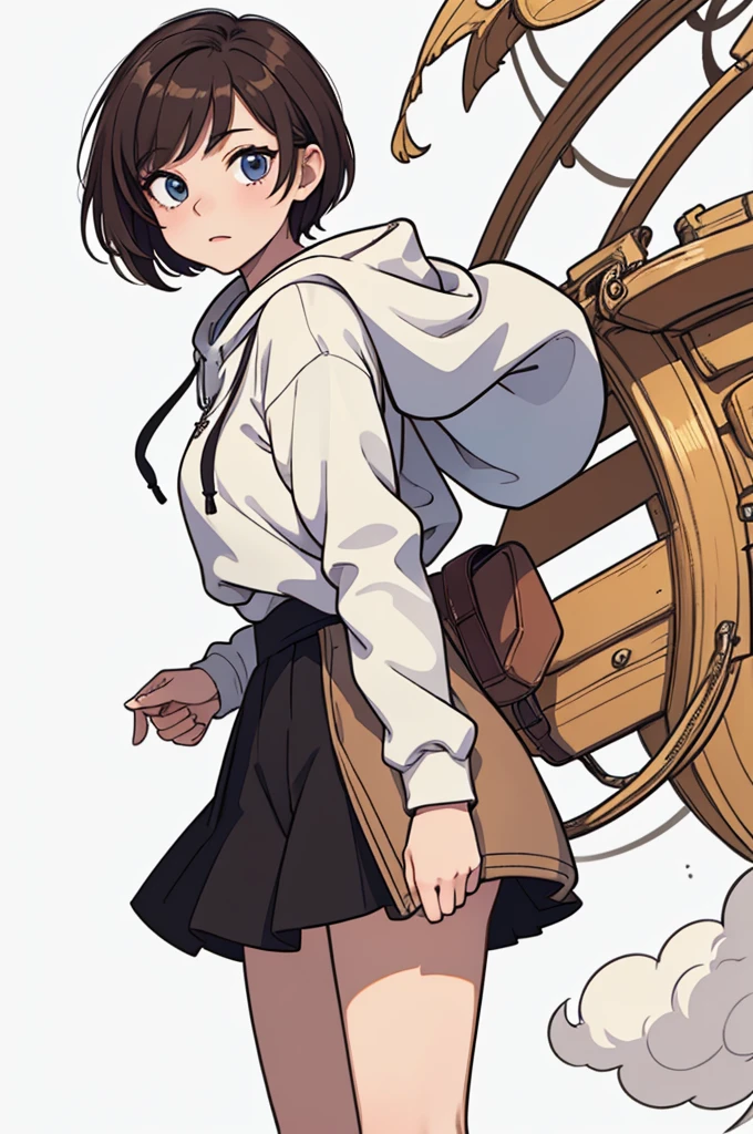 (((masterpiece, best quality, ultra highres, 1 girl, solo, no background))), super detailed skin and face and eyes and finger, beautiful japanese woman, small breasts:1.5, skinny, light brown hair, white background, very short pixie hair, (an illustration of girl), Knee shot, Generate with illustrations, Various expressions, Various poses, Please draw the entire character within the frame, ensuring that the head, arms, and legs are not cut off. The background should be simple, with the character positioned centrally, outline, anime, hoodie,