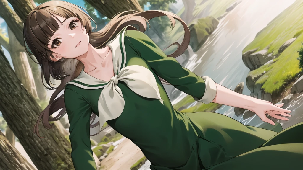 masterpiece, Highest quality, High resolution, aayoshino, , Long Hair, Twin Blade, Brown eyes, Hair that falls over the shoulders, , Sailor collar, neckerchief, Green Shirt, One piece sailor shirt, Long sleeve, Green Skirt, Long skirt, Are standing, Cowboy Shot, Outdoor,