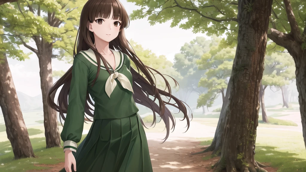 masterpiece, Highest quality, High resolution, aayoshino, , Long Hair, Twin Blade, Brown eyes, Hair that falls over the shoulders, , Sailor collar, neckerchief, Green Shirt, One piece sailor shirt, Long sleeve, Green Skirt, Long skirt, Are standing, Cowboy Shot, Outdoor,