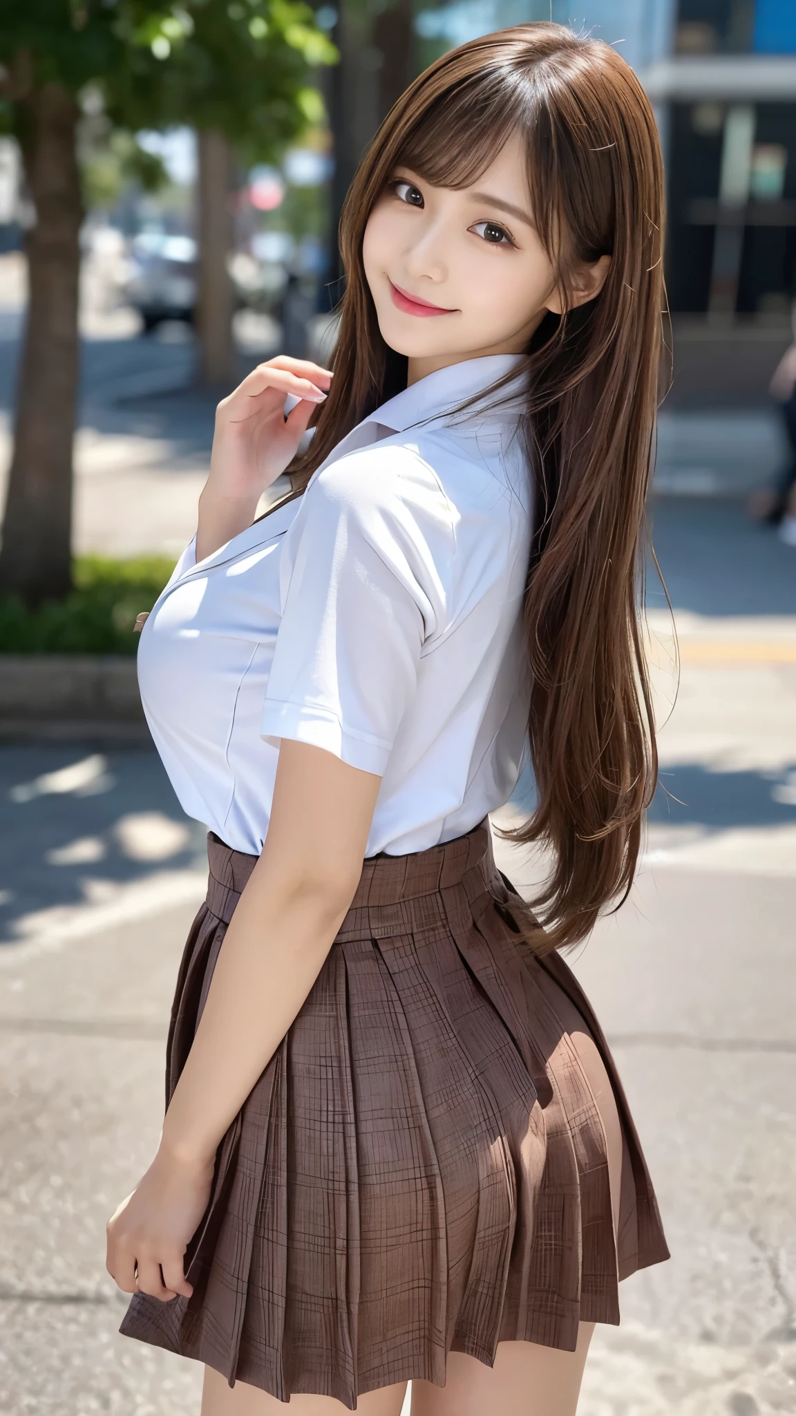 (Detailed skin:1.2),(Shiny skin:1.1),8K,Highest quality, masterpiece, Ultra-high resolution,(Realistic:1.4), RAW Photos,(Soft saturation:1.3),(Fair skin:1.2),Japanese Idols,repair,20 years, Light brown hair, （Shore Surf:1.2)、（Long Hairstyles:1.2), Asymmetrical Hair, Asymmetrical bangs (Pretty face:1.4), (Large Breasts, Tight waist), Beautiful lighting, Small Head, (Student Uniform:1.2,),Highly detailed face, Highly detailed lips, fine grain, double eyelid,（Full Body Shot）, Browsing Caution, （Sharp focus: 1.2）, （Perfect Anatomy、Beautiful woman with perfect figure: 1.2）、Random sexy poses，Accentuate your leg lines、Smiling