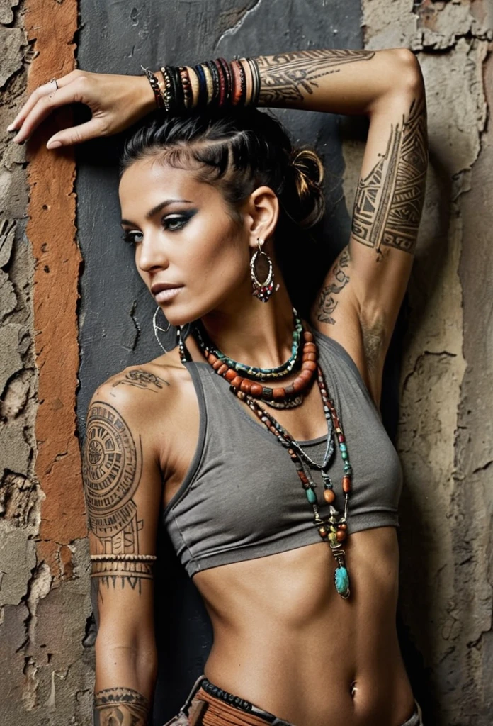 A beautiful woman, slender, tribal meets, dynamic pose, dynamic angle, bohemian, tattoos, piercing, bohemian jewelry, modern, textured peeling wall in background, graphite, raw, gritty, dirty, mix of colors & materials, intricate, detailed, fashion photography