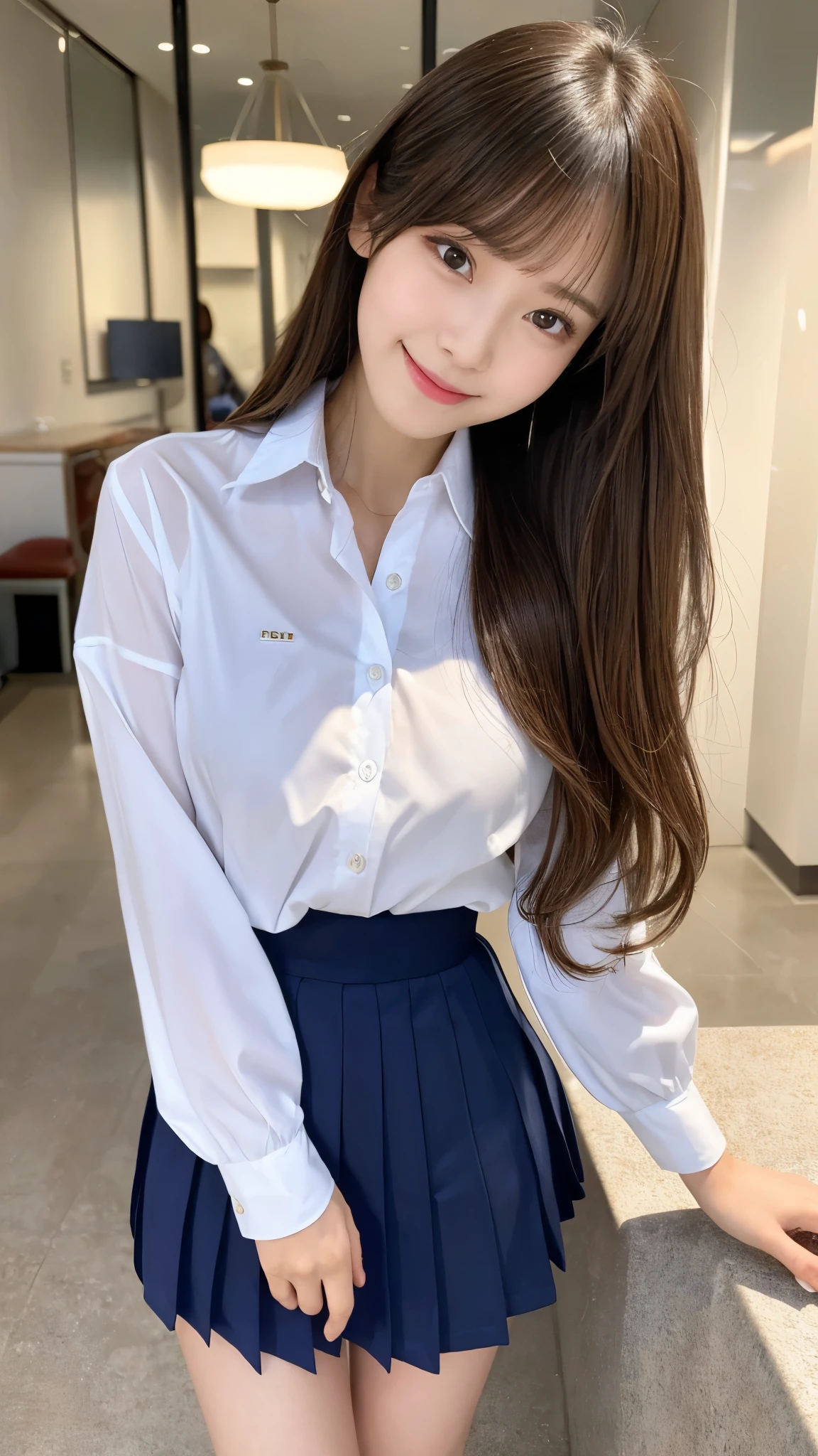 (Detailed skin:1.2),(Shiny skin:1.1),8K,Highest quality, masterpiece, Ultra-high resolution,(Realistic:1.4), RAW Photos,(Soft saturation:1.3),(Fair skin:1.2),Japanese Idols,repair,20 years, Light brown hair, (Shore Surf:1.2)、(Long Hairstyles:1.2), Asymmetrical Hair, Asymmetrical bangs (Pretty face:1.4), (Large Breasts, Tight waist), Beautiful lighting, Small Head, (Student Uniform:1.2,),Highly detailed face, Highly detailed lips, fine grain, double eyelid,(Full Body Shot), Browsing Caution, (Sharp focus: 1.2), (Perfect Anatomy、Beautiful woman with perfect figure: 1.2)、Random sexy poses,Accentuate your leg lines、Smiling