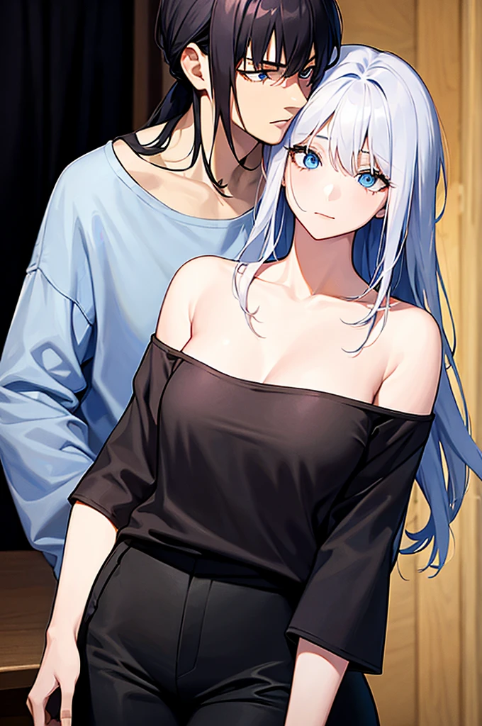 1girl, off-shoulder sweater, couple. A man with short, black hair, tall, arrogant. blue eyes, black t-shirt and black pants. A girl, red t-shirt, long hair, white hair, blue eyes. they are kissing.