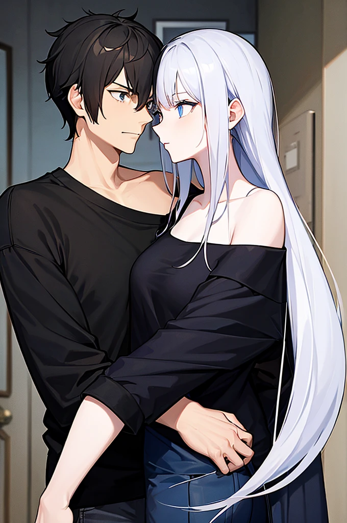 1girl, off-shoulder sweater, couple. A man with short, black hair, tall, arrogant. blue eyes, black t-shirt and black pants. A girl, red t-shirt, long hair, white hair, blue eyes. they are kissing.